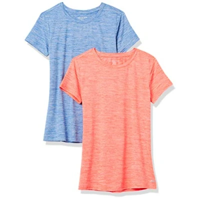 Afbeelding van Amazon Essentials Dames Tech Stretch T shirt met korte mouwen en ronde hals (verkrijgbaar in grote maten), 2 Pack, Koraaloranje Ruimteverf/Lichtblauw Ruimteverf, XXL