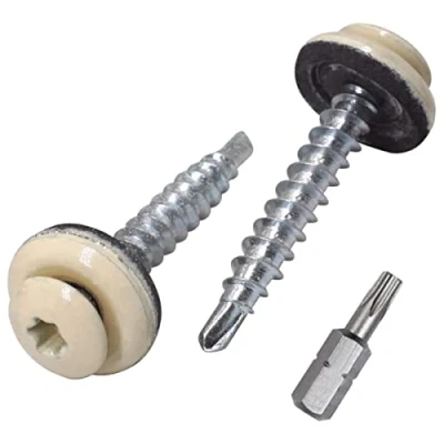 Afbeelding van SKIR&#039;CO (25 stuks) metalen dakschroeven, 4,8 x 35 mm geschilderde zelfborende schroeven met EPDM ringen, torx kop (licht ivoor RAL 1015)