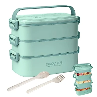 Afbeelding van 2700 ml 3 laags bentobox met vork en lepel, 4 in 1 lunchbox voor volwassenen, maaltijdbereidingscontainer, voedselopbergdoos mannen vrouwen, studentenschool, kantoor, magnetron, vaatwasmachinebestendig, verkrijgbaar (lak blauw)