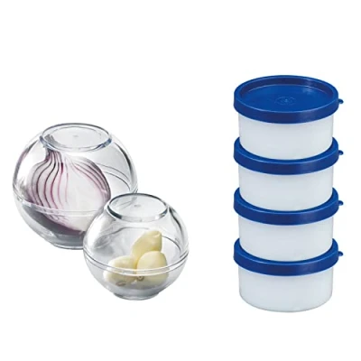 Afbeelding van Westmark 6 delige set: 2 vershoudballen ø 7cm/ø 9cm + 4 kruidenpotjes à 100 ml, stapelbaar, kunststof, BPA vrij, blauw/transparant, 257222E6