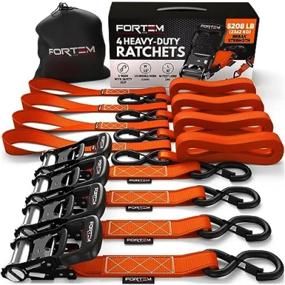 Afbeelding van FORTEM Ratelspanbanden, 2362 KG Breeksterkte, (4) 3M Zware Banden, Zachte Lussen, Met Rubber Beklede Metalen Handgrepen, Kunststof Haken, Draagtas (Oranje)
