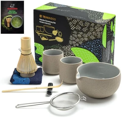 Afbeelding van TEANAGOO Matcha Whisk set kom met gegoten tuit Bamboo Scoop Holding Tea Making Kit. 1 Japans theeservies (7st) + 2 kopjes (7,2 oz), S2, donkergrijs.
