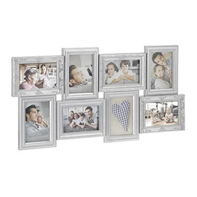 Afbeelding van Relaxdays fotolijst collage, voor 8 foto&#039;s, 10 x 15 cm, horizontaal &amp; verticaal, barok design, H B: 36 69 zilver