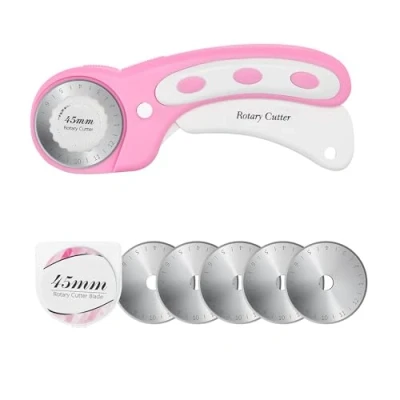 Afbeelding van Headley Tools Rolmes met 5 reservemesjes, stofsnijder ergonomische handgreep en veiligheidssluiting, rolsnijder 45 mm, voor stof, leer, knutselen, naaien, quilten (roze)