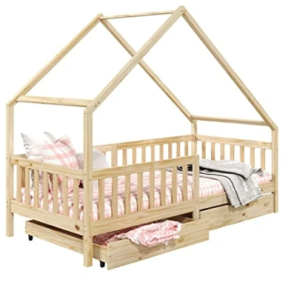Afbeelding van IDIMEX Hutbed Alva eenpersoonsbed, asymmetrisch, van hout, 90 x 200 cm, Montessori, met opbergruimte voor 2 laden, massief grenen natuurlijke afwerking