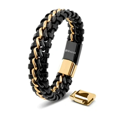 Afbeelding van SERASAR Armband Leer voor Heren Goud 17cm Lederen Leren Mannen Mannenpolsband Cadeau Man Armversiering Sieraden Vlechtarmband Wikkelarmband Ketting Leather Bracelet Men