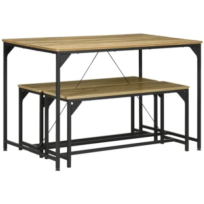 Afbeelding van HOMCOM Set eettafel en 2 banken, stalen structuur, tafel voor 4 personen, 120 x 70 75 cm, bank, 100 30 45 keuken, eetkamer, woonkamer, natuurlijk zwart