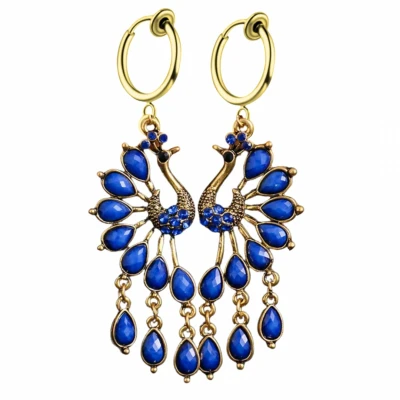 Afbeelding van Klem oorbellen blauwe pauw goudkleurig geen gaatje Charme Bijoux