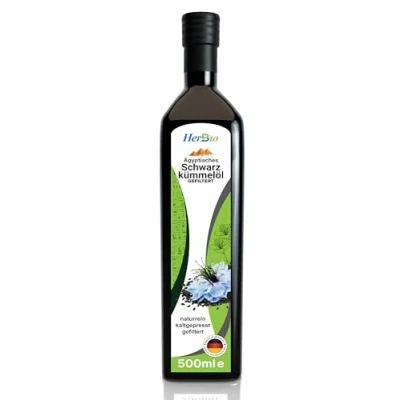 Afbeelding van HerbBio Egyptische zwarte komijnolie, koudgeperst, gefilterd, 500 ml, voorzichtig in rauwkostkwaliteit, 100% natuurzuivere zaadolie, versheidsgarantie dagelijks vers direct van HerbBio.