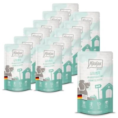 Afbeelding van MjAMjAM Premium natvoer voor honden Quetschie Goede kalkoen (hen) met gekookte rijst en gestoomde courgette, pak van 12 (12 x 125g), glutenvrij extra vlees