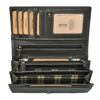 Afbeelding van Benthill Leren damesportemonnee, hoogwaardige echt lederen damesportemonnee met RFID bescherming, lange vintage inclusief geschenkdoos, Olijf Grijs,