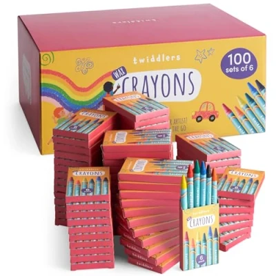 Afbeelding van THE TWIDDLERS 100 doosjes waskrijtjes voor kinderen, 6 krijtjes per doosje, 600 in totaal gemengde kleuren, perfecte minikrijtjesverpakkingen feestzakvullers, schoolklassen, kunst &amp; ambacht