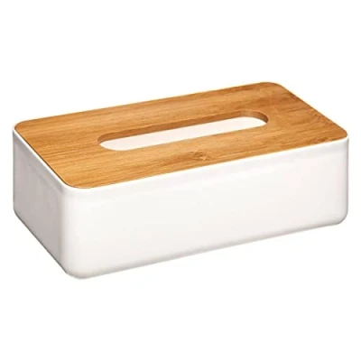 Afbeelding van Tissuedoos/tissue box wit kunststof met bamboe deksel 26 x 13 cm Tissuehouders
