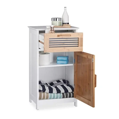 Afbeelding van Relaxdays badkamerkast, smal, met lade, legplank, HxBxD: 70 x 40 28,5 cm, kolomkast, opbergkast, badkamermeubel, wit