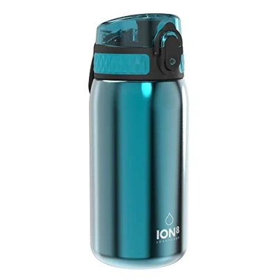 Afbeelding van Ion8 Roestvrijstalen Kinderwaterfles, 400 ml/13 oz, Lekvrij, Makkelijk te Openen, Veilige Vergrendeling, Vaatwasserbestendig, Flipdop, Draaggreep, Duurzaam, Metalen Drinkfles, Aqua