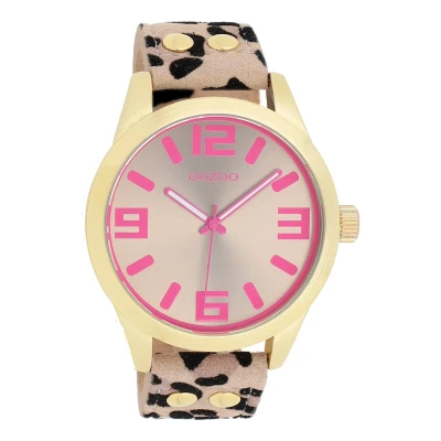 Afbeelding van Oozoo Timepieces Dameshorloge, polshorloge met leren armband, hoogwaardig horloge voor vrouwen, elegant analoog dameshorloge in rond, luipaard/taupe/roze