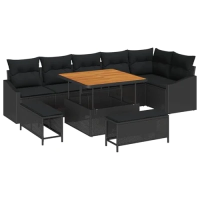Afbeelding van vidaXL 9 delige Tuin Sofa Set met Kussens Zwarte Poly Rattan Acacia