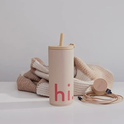 Afbeelding van Koffiemok 500 ml, beker met deksel en rietje, reismok BPA /BPS vrij, herbruikbare koffiemok, koffiebeker om mee te nemen, unieke sluitfunctie, beige