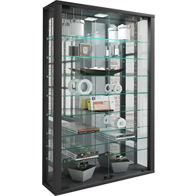 Afbeelding van VitrosaMini vitrinekast wandmontage met spiegel 2 glazen deuren zwart.