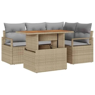 Afbeelding van vidaXL 5 Piece Tuin Sofa Set met Kussens Beige Poly Rattan Acacia