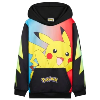 Afbeelding van Pokémon sweatshirt met capuchon voor kinderen, comfortabel kangoeroezak, zwart/meerkleurig Pikachu, 7 8 jaar