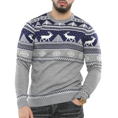 Afbeelding van NOROZE Mannen Vrolijk Kerstfeest Mock Zip Nordic Stijl Rendier Moose Stag Trechter Crew Hals Feestelijke Kerst Xmas Jumper, Blue, XXL