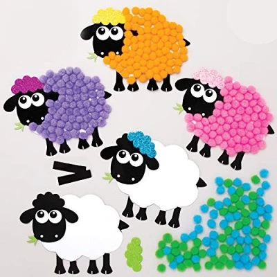Afbeelding van Baker Ross AT465 Pluizig schaap pompons knutselset voor kinderen (5 stuks) creatieve sets om te knutselen en decoreren in de lente