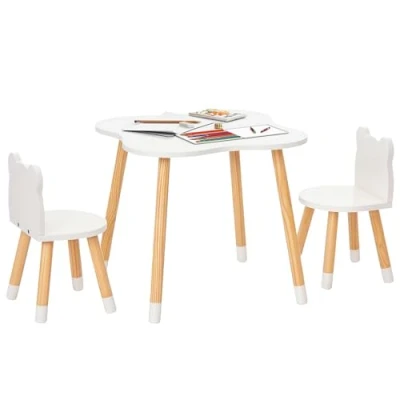 Afbeelding van HOMCOM Set van tafel en stoelen voor kinderen, Scandinavisch design, motief beer, grenen, MDF, wit