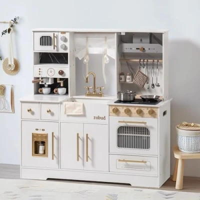 Afbeelding van ROBUD Keukenspeelset voor kinderen, realistische houten keuken, groot, met oven, ijsmachine, koffiezetapparaat, servies enz., cadeau kinderen vanaf 3 jaar, wit