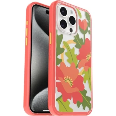 Afbeelding van OtterBox Symmetry Clear MagSafe doorzichtige hoes voor Apple iPhone 15 Pro Max, schokbestendig, valbestendig, dunne beschermende hoes, 3x getest volgens militaire standaard, Quilted Poppies