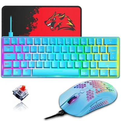 Afbeelding van ZIYOULANG RGB Mechanisch Gamingtoetsenbord Combo, UK QWERTY Layout, Mini 62 Toetsen, Afneembare USB C Kabel, 12.000 DPI Programmeermuis Voor PC Blauw+Rode Switch