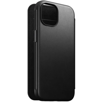 Afbeelding van Nomad Modern Leather Folio Book cover hoesje voor iPhone 15 Plus leder Geschikt MagSafe en draadloos opladen Zwart