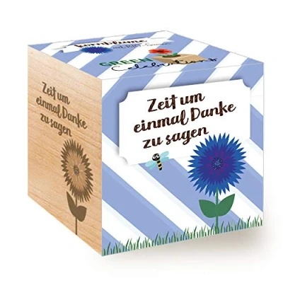 Afbeelding van Feel Green Celebrations Ecocube biologische koraalzaad met lasergravure, opschrift tijd om einmal bedankt te zeggen, duurzaam cadeau idee, gemaakt in Oostenrijk