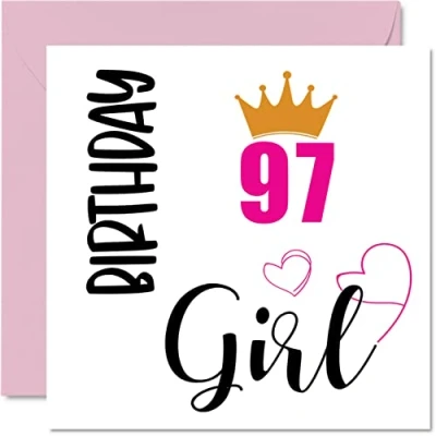 Afbeelding van 97e verjaardagskaart voor vrouwen Verjaardagsmeisje Happy Birthday kaarten 97 jarige vrouw overgrootmoeder oppas stiefmoeder tante, 145 mm x zevenennegentig