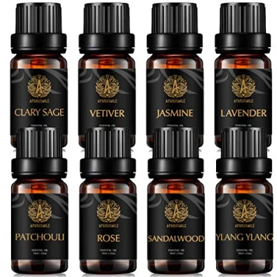 Afbeelding van Aromatherapie Vetiver etherische olieset voor diffusor, 8 x 10 ml 100% pure Clary Salie olie kit thuis jasmijn, lavendel, patchouli, roos, sandelhout, ylang
