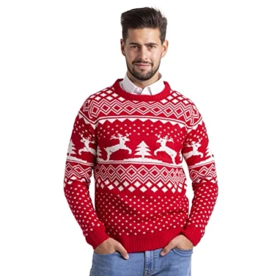 Afbeelding van BlauerHafen Kersttrui voor heren, lange mouwen, gebreide ronde hals, kersttrui, rood, L
