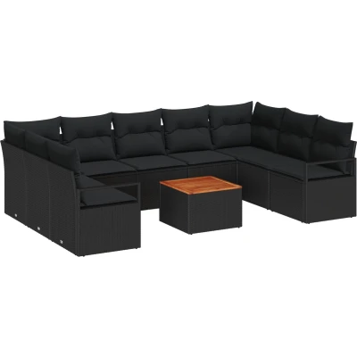 Afbeelding van vidaXL 10 delige Tuin Sofa Set met Kussens Zwart Poly Rattan Acacia