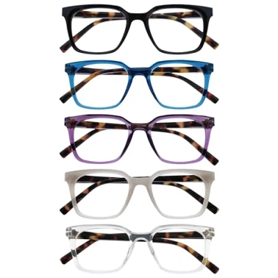 Afbeelding van OPULIZE KOI Leesbrillen 5 Pack Groot Rechthoekig Montuur Zwart Blauw Paars Grijs Helder Heren Dames Veerscharnieren RRRRR50 1357C +1.50