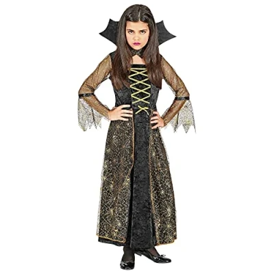 Afbeelding van Widmann Heks &amp; Spider Lady Voodoo Duistere Religie Kostuum Spiderella Spinnenweb Meisje Zwart, Goud Maat 158 Halloween Verkleedkleding