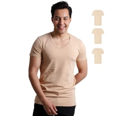 Afbeelding van SKIPPER Set van 3 T shirts voor heren met diepe V hals, stretch basic in beige, ondershirt 95% katoen en 5% elastaan, zakelijk onderhemd heren, Oeko Tex gecertificeerd, XL