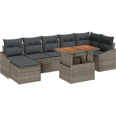 Afbeelding van vidaXL 8 delige Tuin Eetset met Kussens Grijs Poly Rieten Acacia
