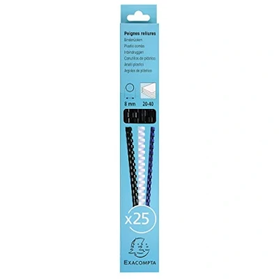 Afbeelding van Exacompta Ref 76201E Bindkammen 8mm dik, 21 ringen, geschikt voor A4 documenten, houdt ca. 20 40 vellen, gemaakt van PVC materiaal zwart (Pack 25)