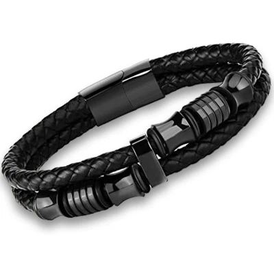 Afbeelding van Victorious Leren Armband Heren RVS Roestvrijstaal Sluiting Zwart 18cm