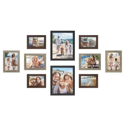 Afbeelding van SONGMICS fotolijstenset van 10, voor 2 foto&#039;s 20 x 25 cm, 4 13 18 10 15 kunststof schijf, MDF, roodbruin, greige gemêleerd, aszwart RPF310K03