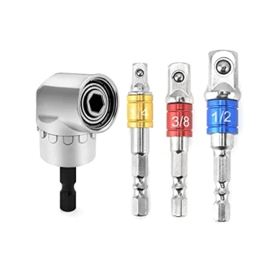 Afbeelding van QWORK® 105 haakse schroevendraaier opzetadapter, hoekopzetstuk voor accuschroevendraaier, zeskantboorschacht, met 3 delige dopsleuteladapter 1/4&quot; 3/8&quot; 1/2&quot;