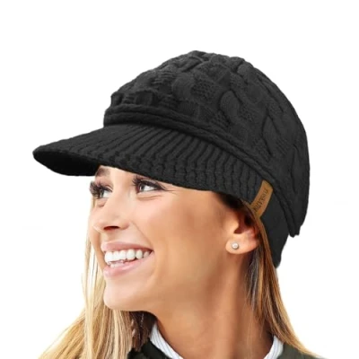 Afbeelding van TOSKATOK Dames piekkabel gebreide warme R80 Teddy fleece gevoerde beanie wintermuts, Zwart, One size