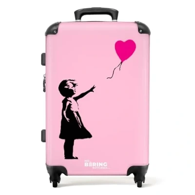 Afbeelding van NoBoringSuitcases.com® Koffer groot Rolkoffer lichtgewicht Meisje met wegvliegende roze hartjesballon Reiskoffer 4 wielen Grote trolley XL 20 kg bagage