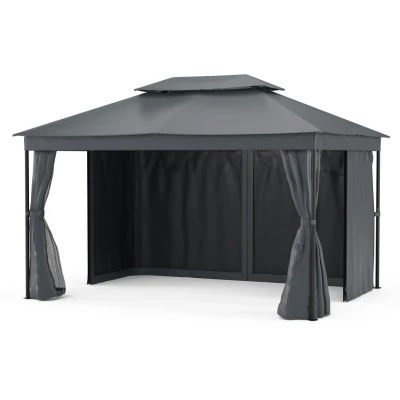 Afbeelding van Blumfeldt Mondo Dubbel Paviljoen 3X4 Dak &amp; Muggengaas, Roestvrijstalen Frame, Weerbestendige Overkapping, Tuinpaviljoen, Donkergrijs