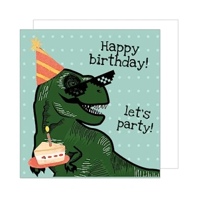 Afbeelding van Edition Seidel Premium vierkante verjaardagskaart met envelop. Wenskaart Happy Birthday Humor kaart verjaardag grappige man jongen tiener kids dino feest (GQ105)