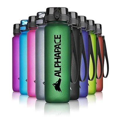 Afbeelding van Alphapace Drinkfles, lekvrije waterfles, 350 ml, BPA vrije fles voor sport, fietsen en outdooractiviteiten, sportfles met fruitinzet, in donkergroen